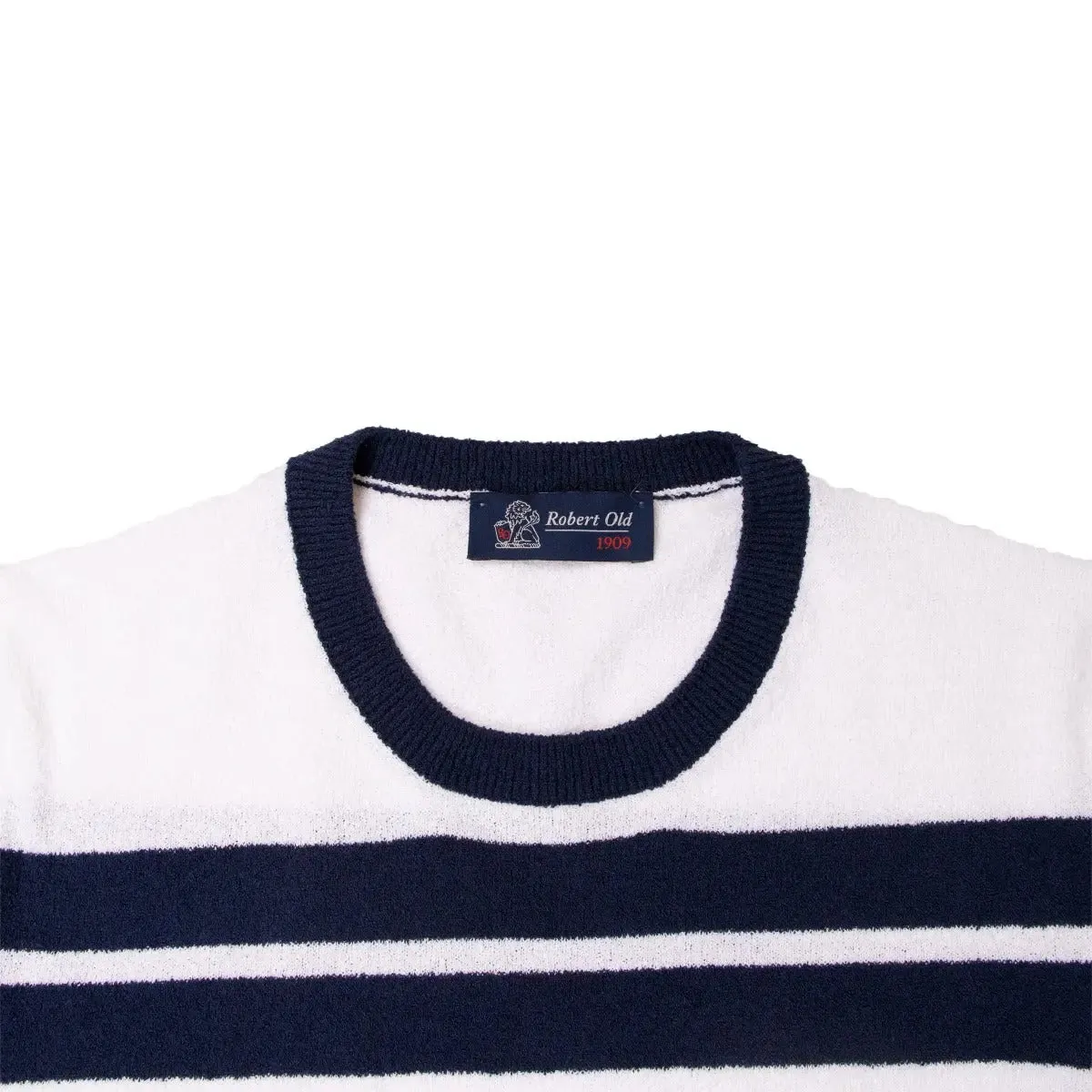 White & Navy Striped Towelling T-Shirt