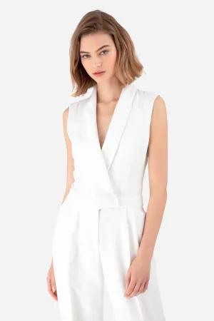 White Satin Crepe Tuxedo Jumpsuit