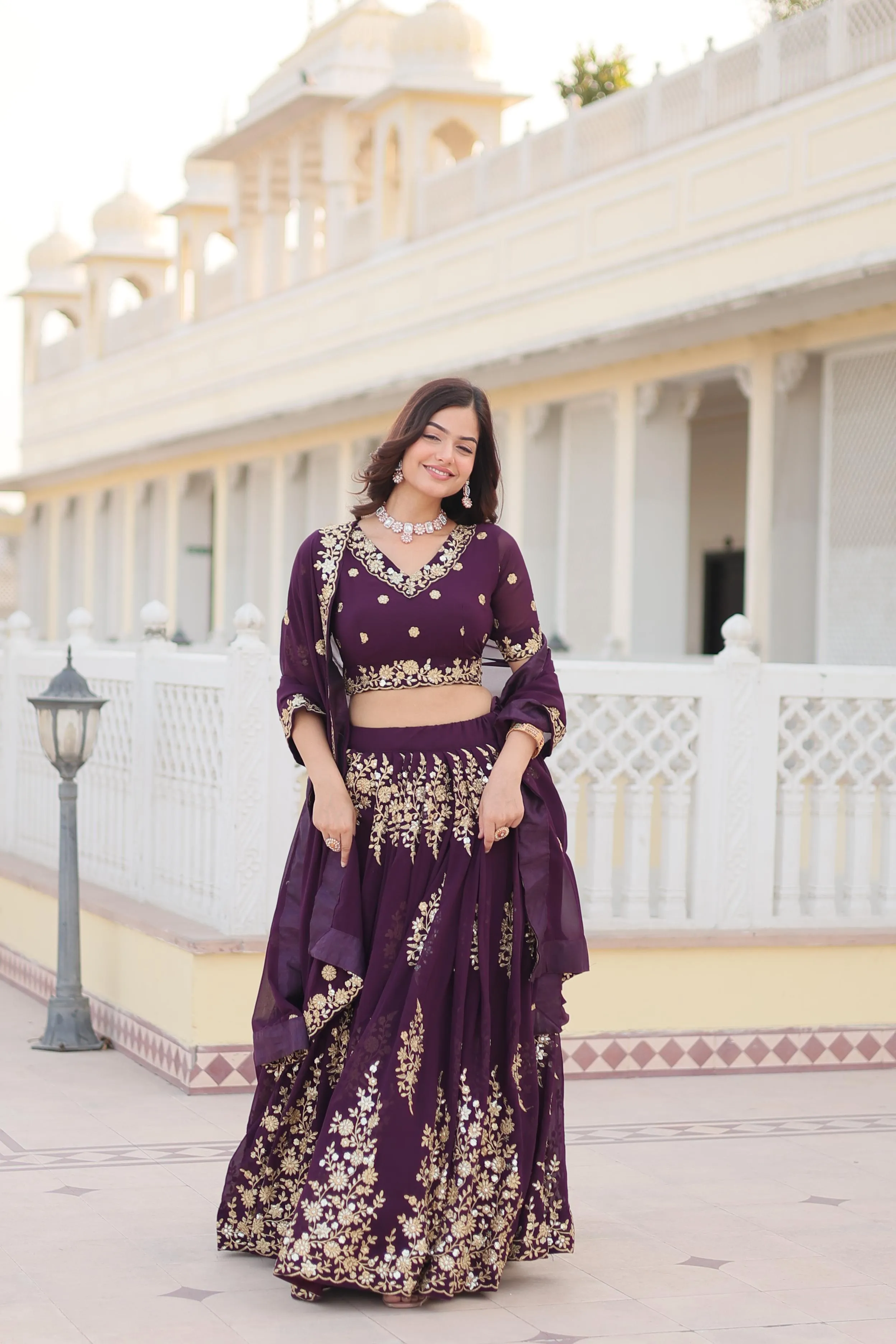 Wine Embroidered Lehenga Set