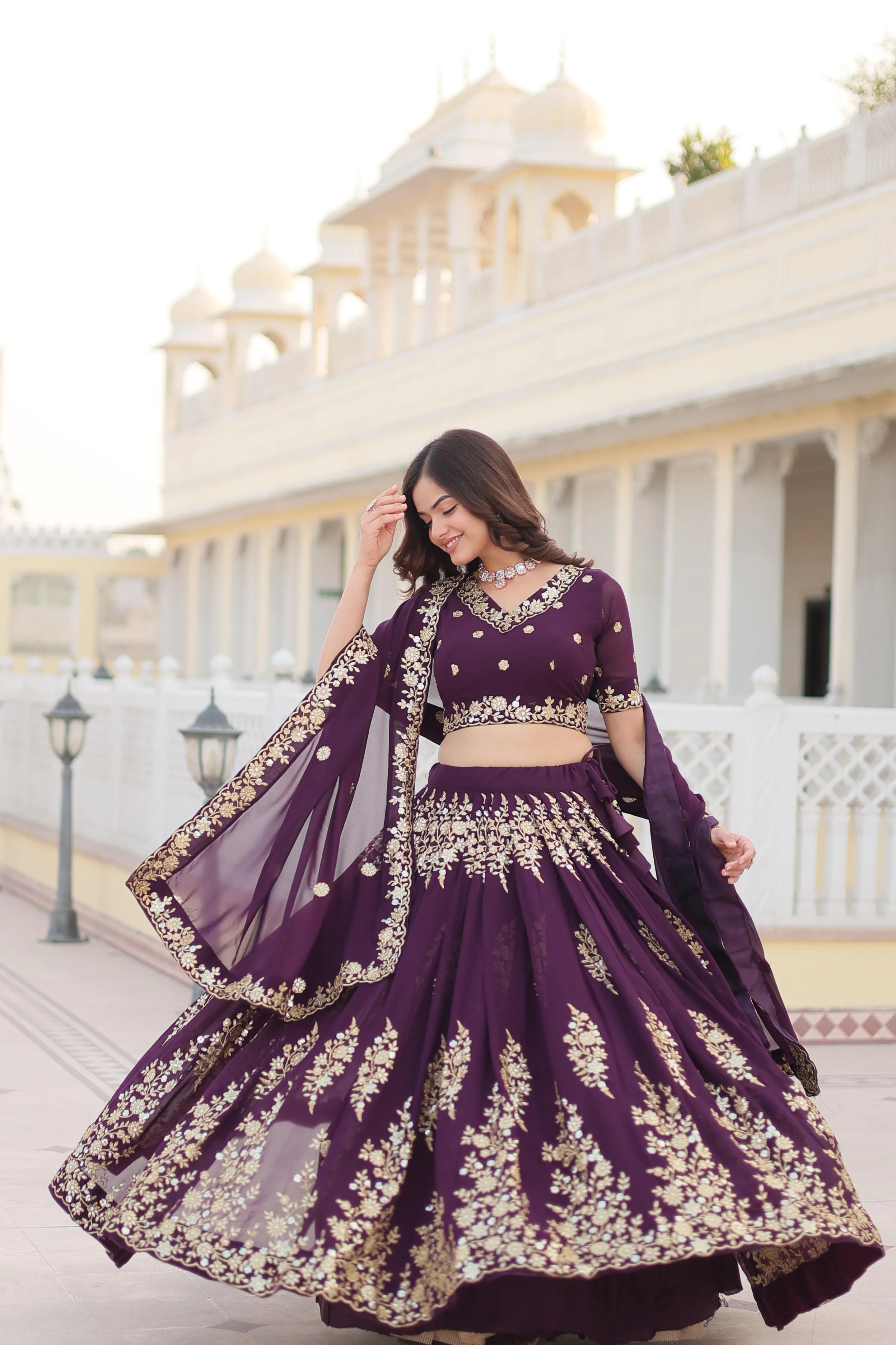 Wine Embroidered Lehenga Set