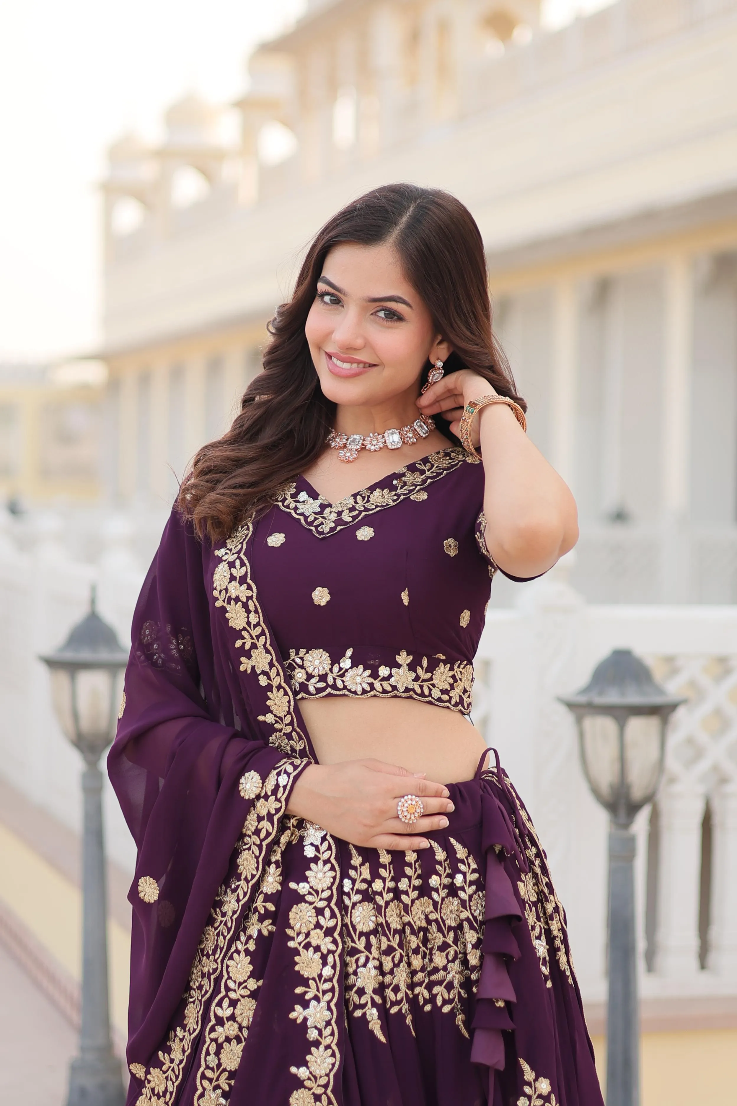 Wine Embroidered Lehenga Set