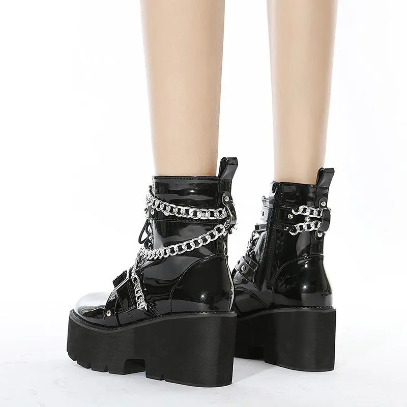 Women chain  chunky platform lace up black motorcycle boots