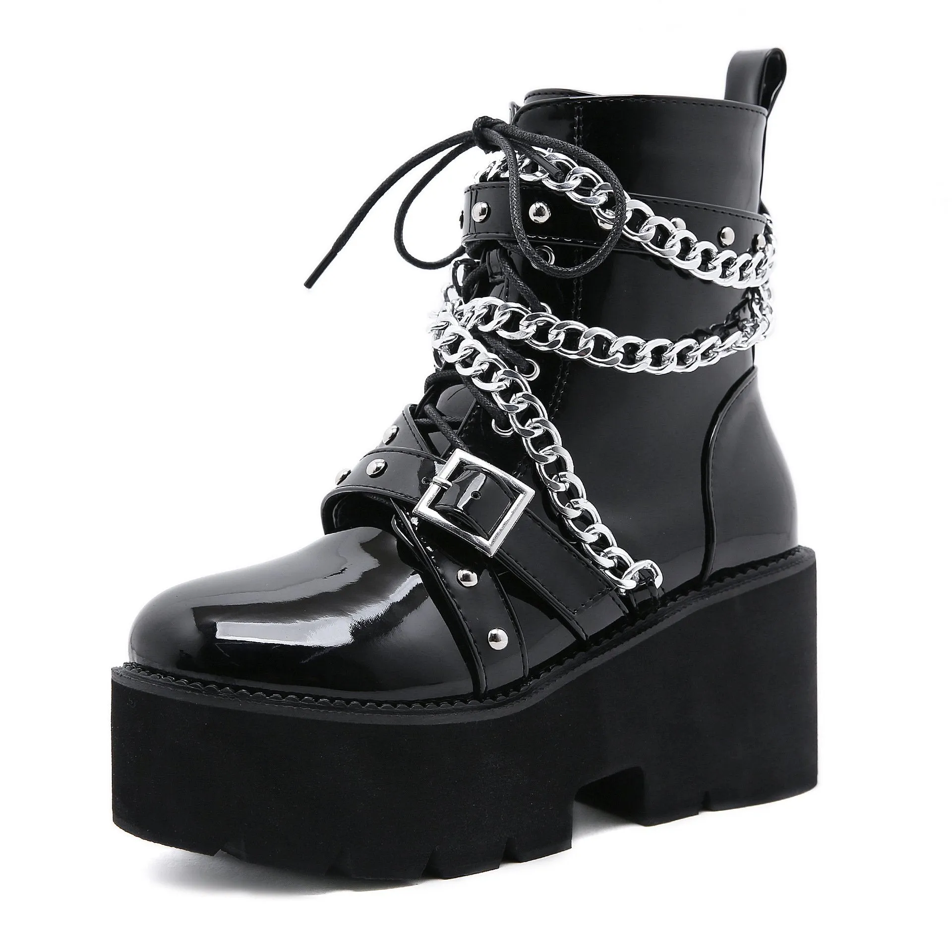 Women chain  chunky platform lace up black motorcycle boots