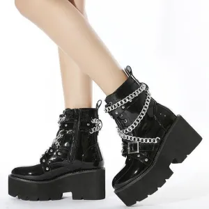 Women chain  chunky platform lace up black motorcycle boots