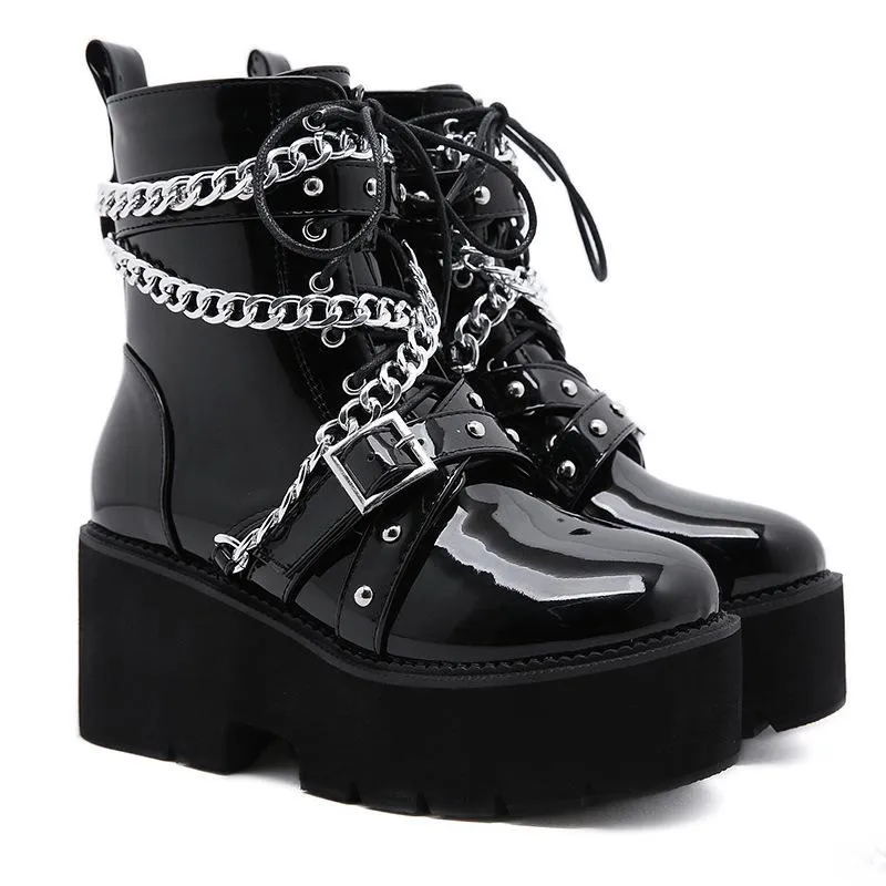 Women chain  chunky platform lace up black motorcycle boots