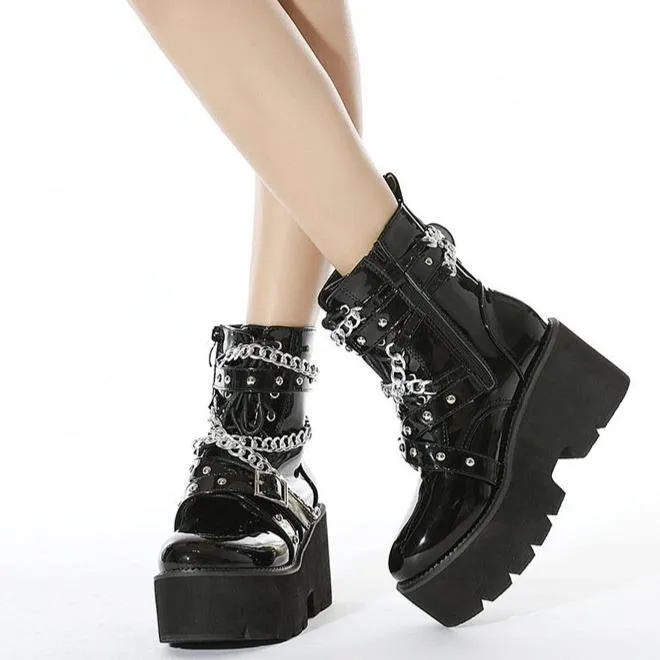 Women chain  chunky platform lace up black motorcycle boots