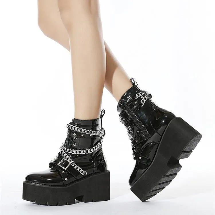 Women chain  chunky platform lace up black motorcycle boots