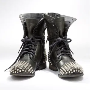 Women lace up boots | Studded chunky low heel high cut black combat boots