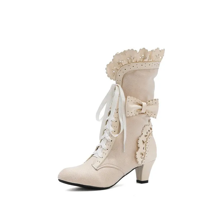 Women's Carved Pu Leather Pointed Toe Ruffles Lace Up Bow Tie Puppy Heel Ankle Boots