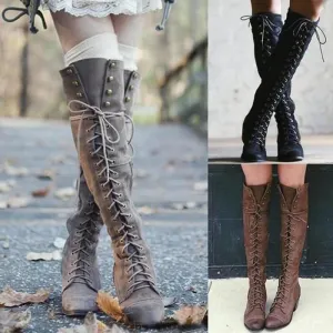 Women's over the knee lace-up boots low heel long boots