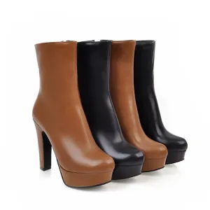 Women's Pu Leather Round Toe Platform Chunky Heel Short Boots