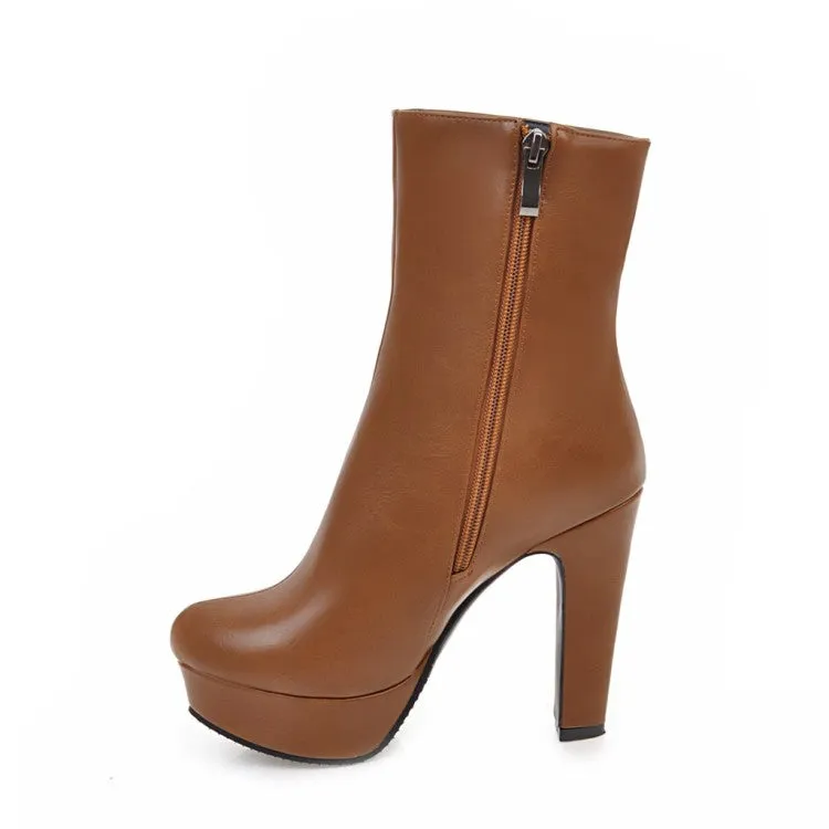 Women's Pu Leather Round Toe Platform Chunky Heel Short Boots