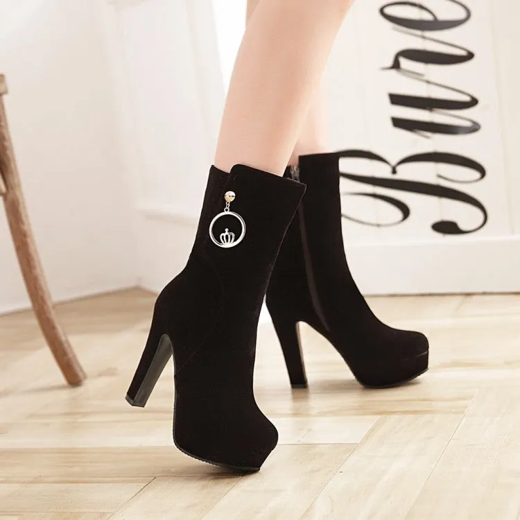 Women's Suede Metal Buckles Round Toe Platform Chunky Heel Short Boots