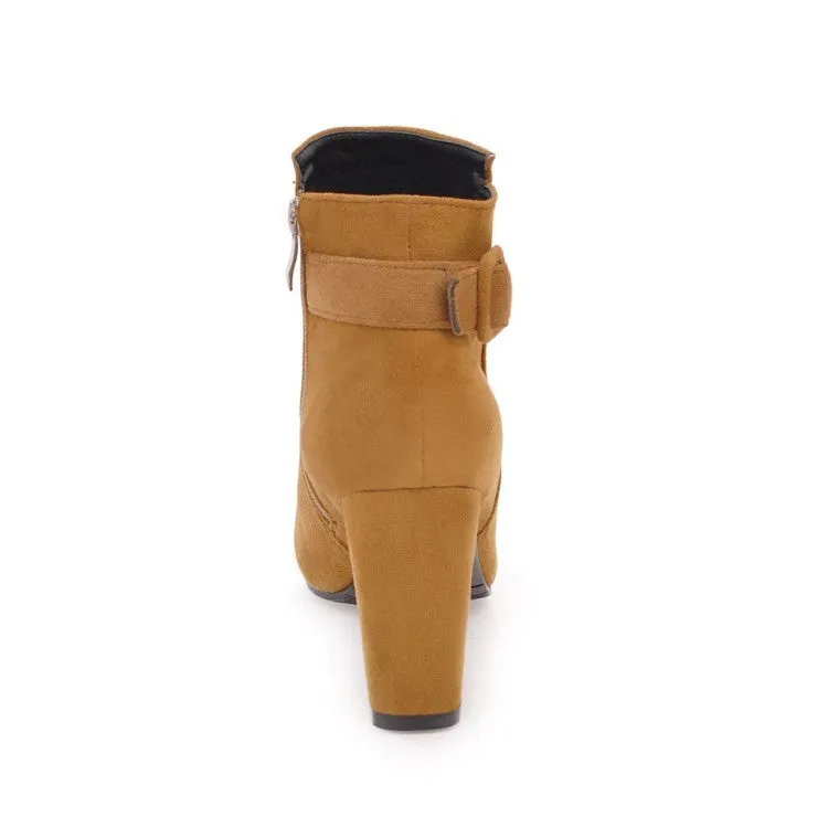 Women's Suede Round Toe Belts Buckles Chunky Heel Side Zippers Short Boots