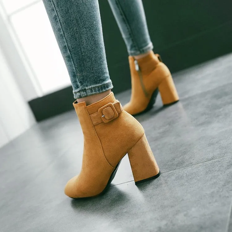 Women's Suede Round Toe Belts Buckles Chunky Heel Side Zippers Short Boots