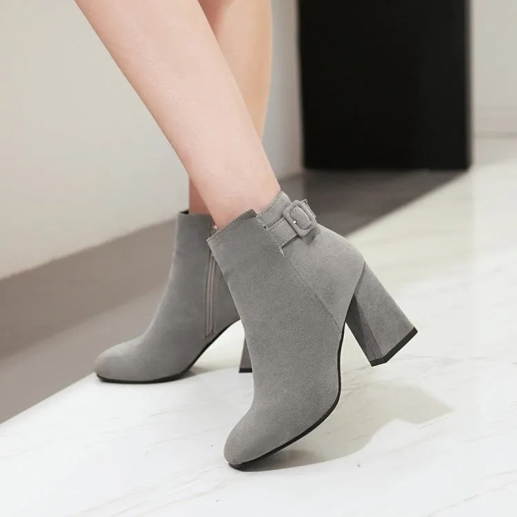 Women's Suede Round Toe Belts Buckles Chunky Heel Side Zippers Short Boots