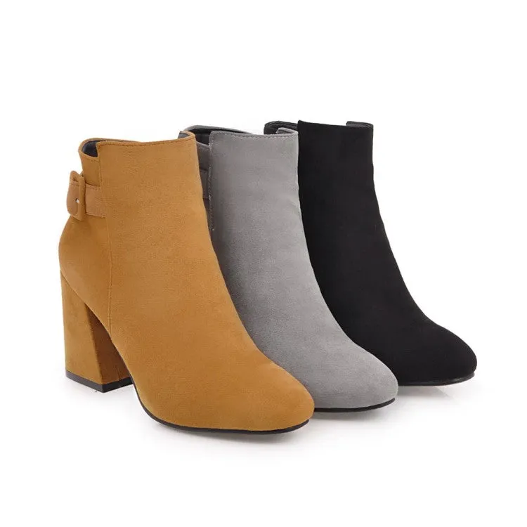 Women's Suede Round Toe Belts Buckles Chunky Heel Side Zippers Short Boots